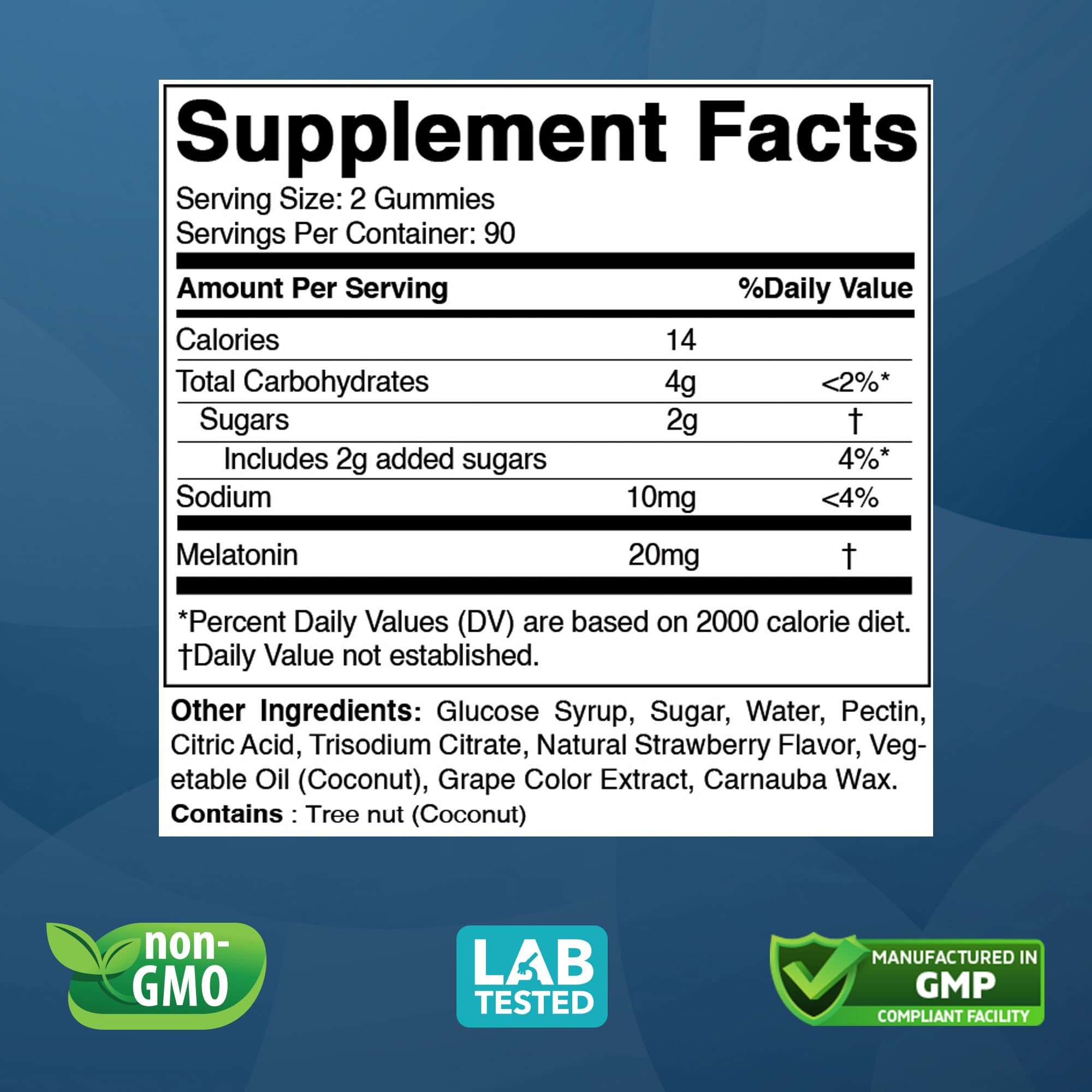 Vitabod Melatonin Gummies ingredients list highlighting drug-free formula.