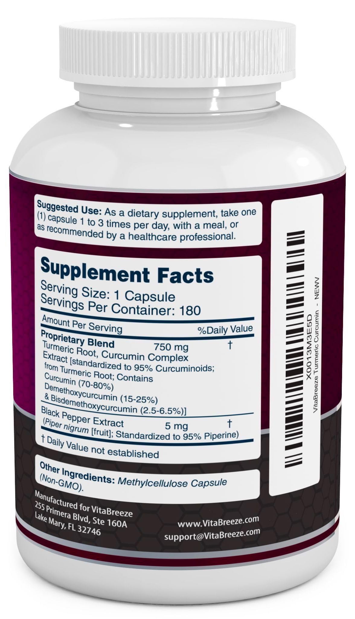 VitaBreeze Turmeric Curcumin capsules close-up featuring black pepper extract for absorption.