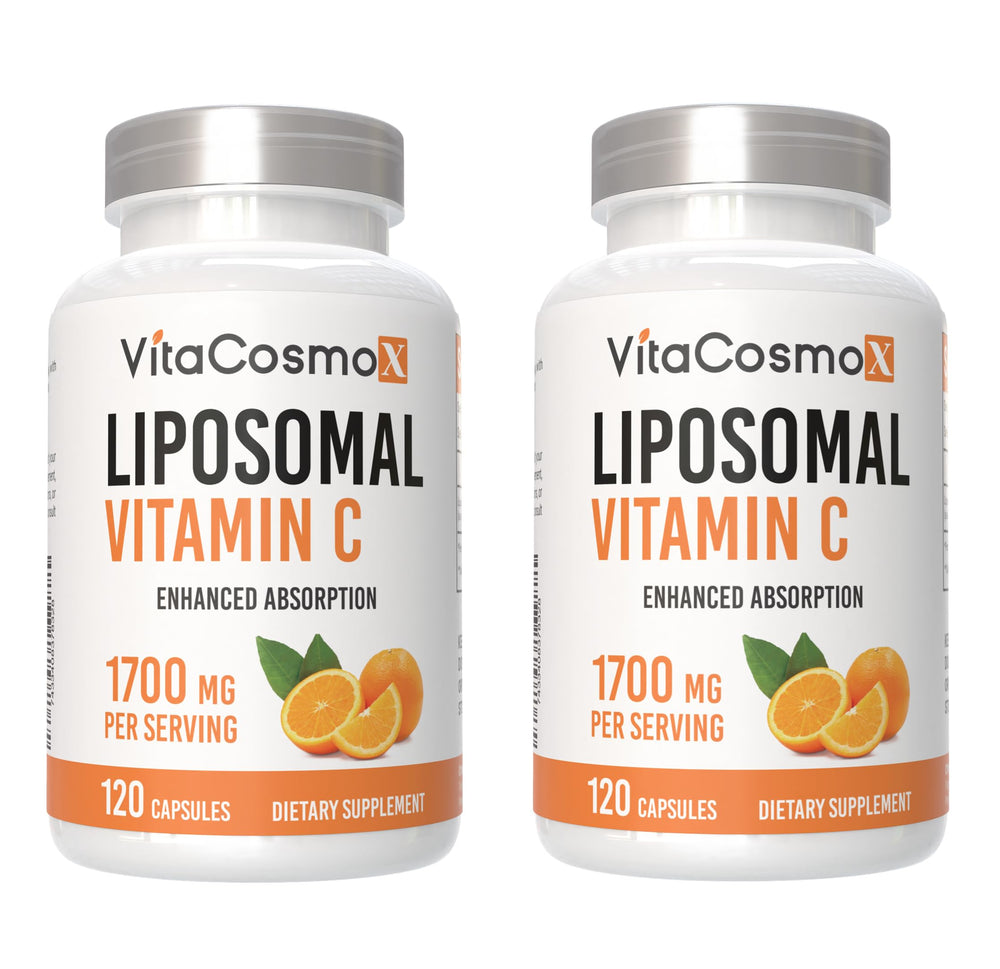 VitaCosmoX Liposomal Vitamin C bottle front view highlighting high absorption.
