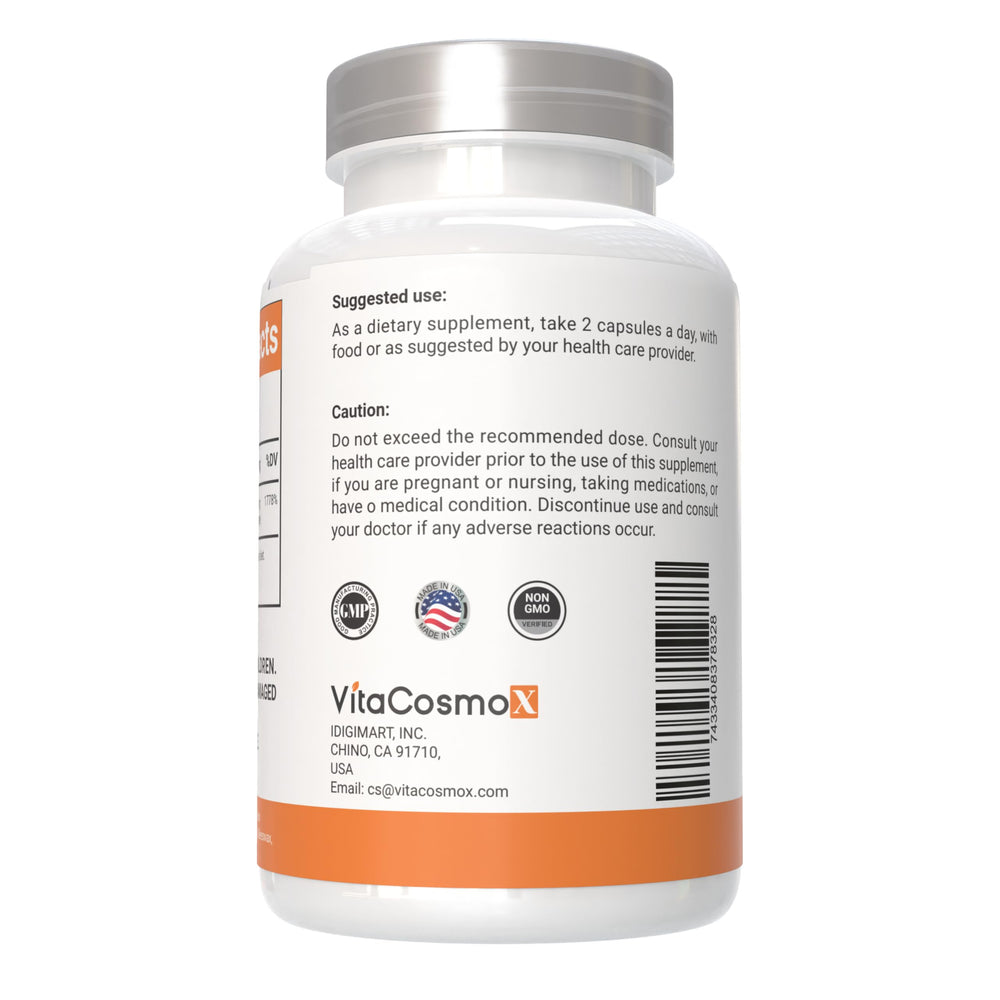 VitaCosmoX Liposomal Vitamin C label emphasizes vegetarian and gluten-free.