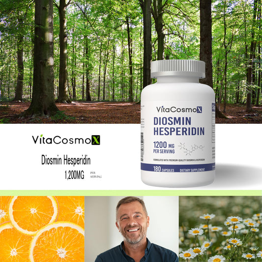 VitaCosmoX Diosmin 1200mg capsules-closeup shows vegetarian capsules.