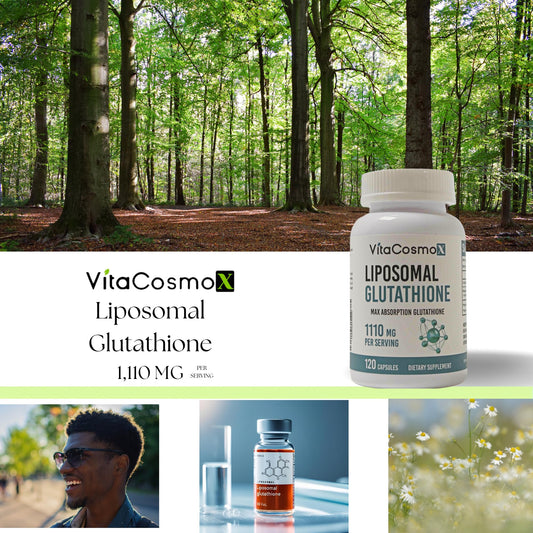 VitaCosmoX Liposomal Glutathione bottle back label showing ingredients and dietary suitability.