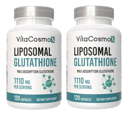 VitaCosmoX Liposomal Glutathione bottle front view highlighting vegan, gluten-free wellness support.