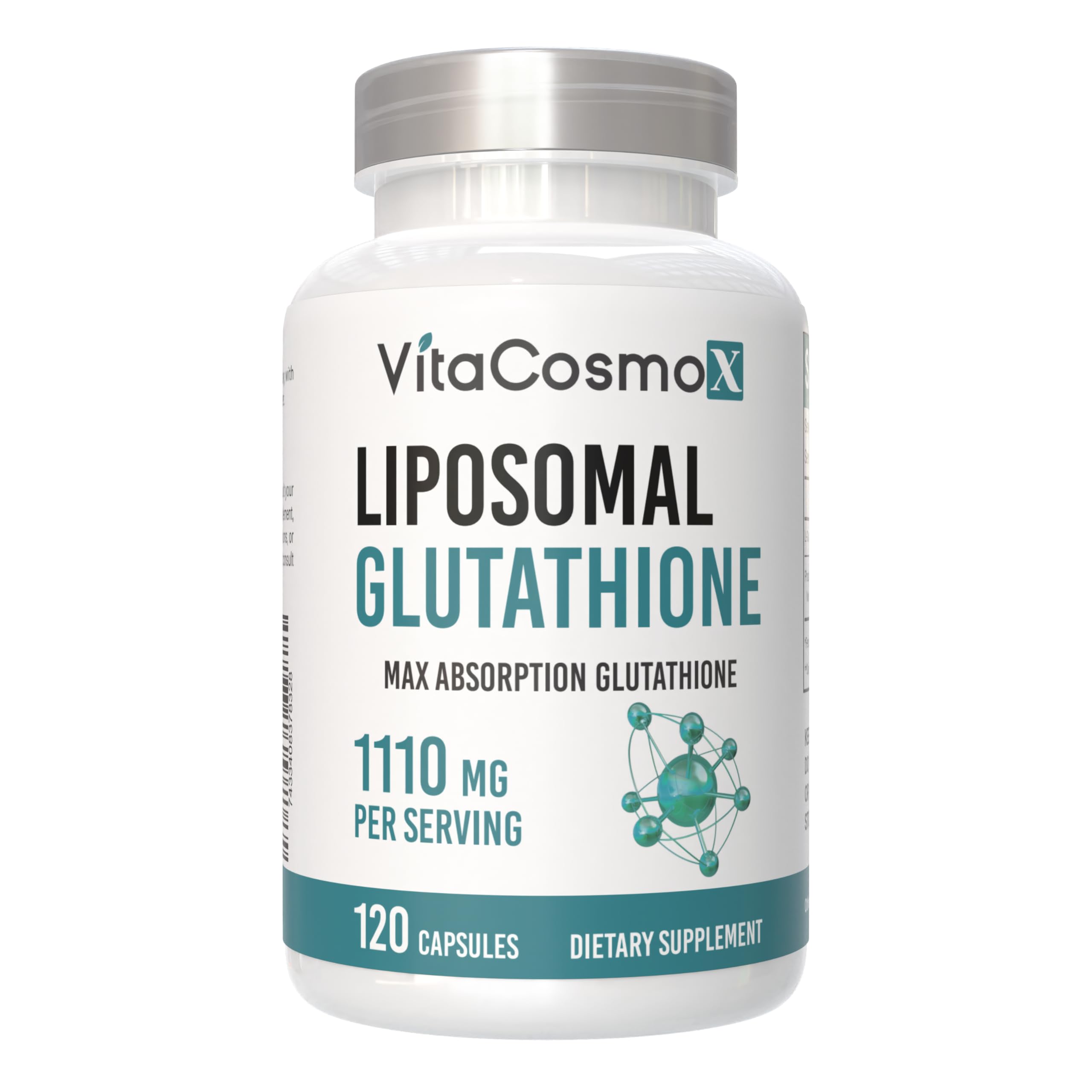 VitaCosmoX Liposomal Glutathione capsules close-up, 1,110 mg per serving for daily use.
