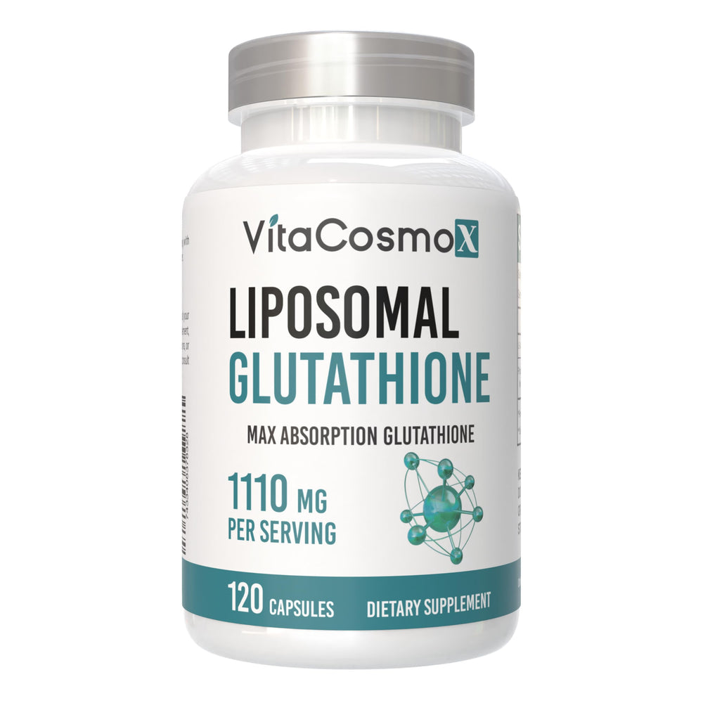 VitaCosmoX Liposomal Glutathione capsules close-up, 1,110 mg per serving for daily use.