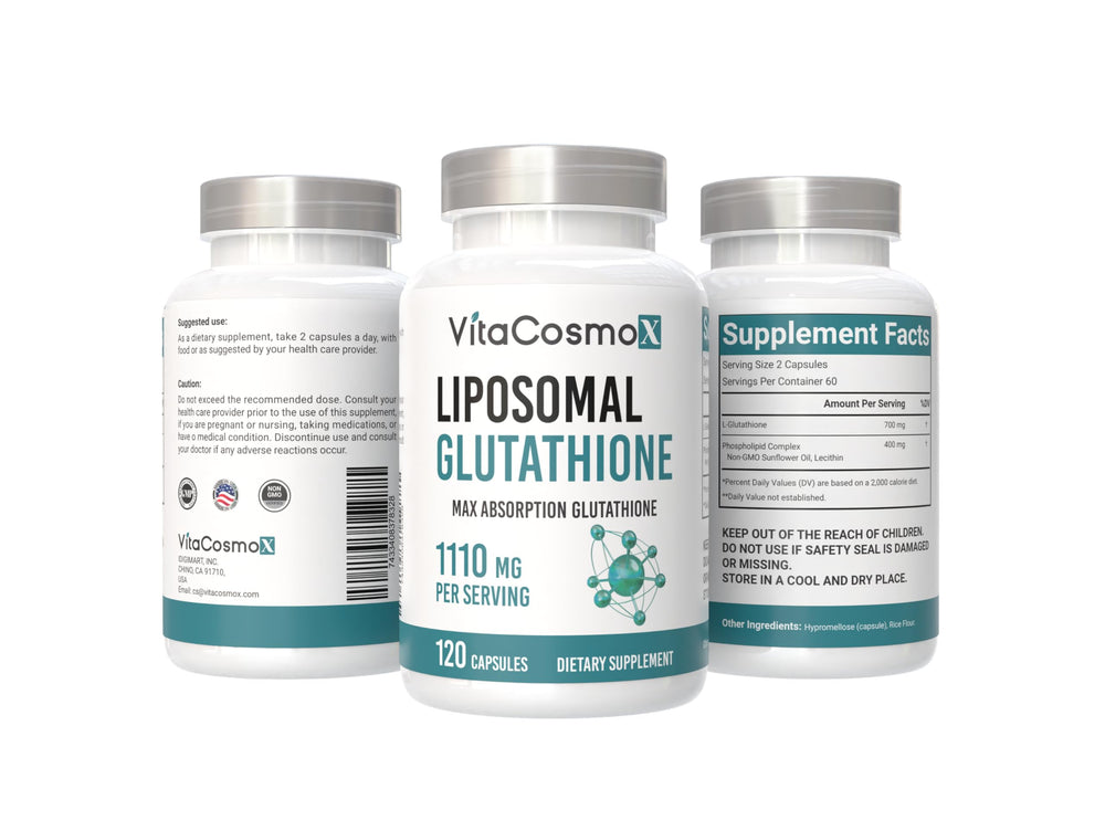 VitaCosmoX Liposomal Glutathione ingredients like lecithin and sunflower oil, vegan-friendly formula.