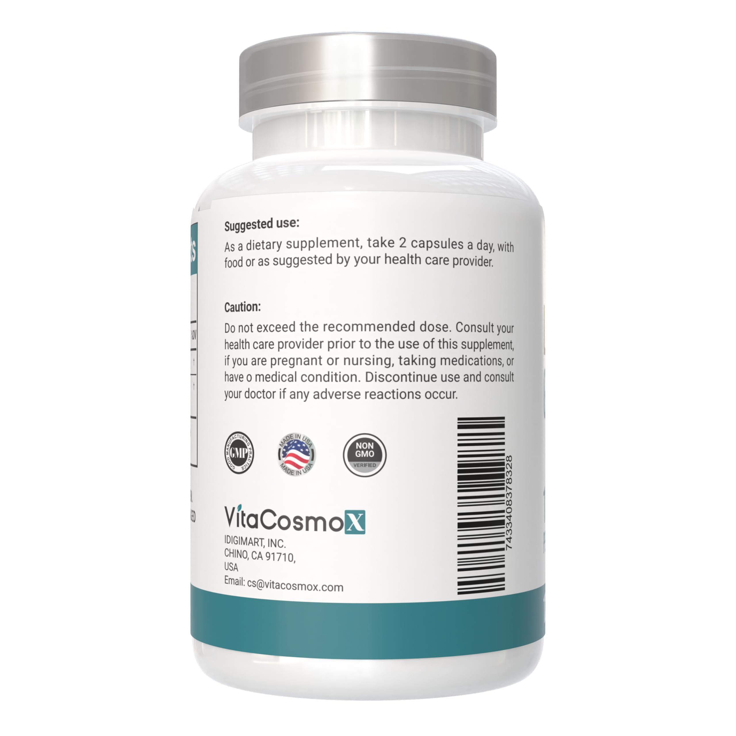 VitaCosmoX Liposomal Glutathione serving size image shows two capsules per serving.