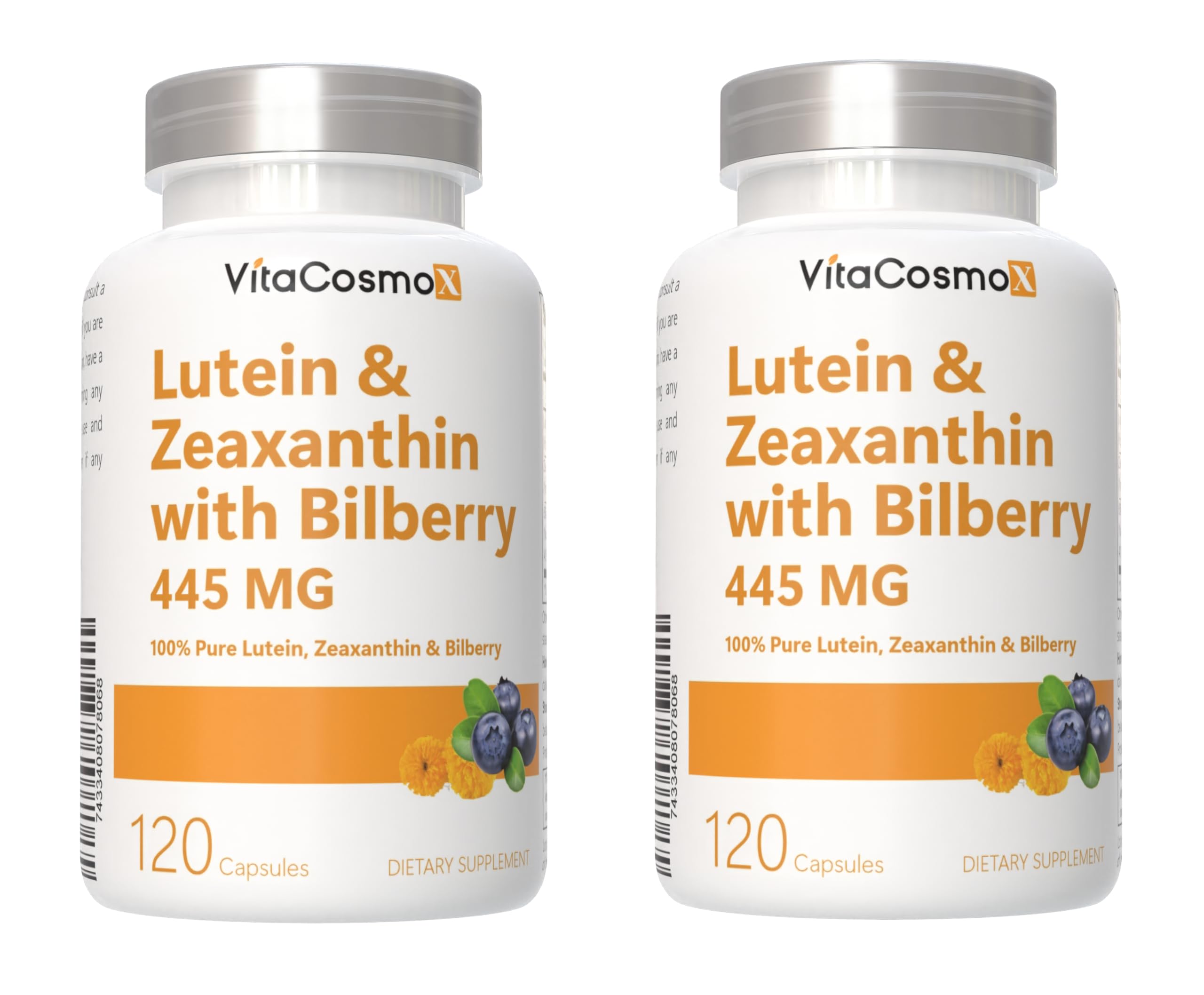 VitaCosmoX bottle front showing the lutein-zeaxanthin blend for eye support