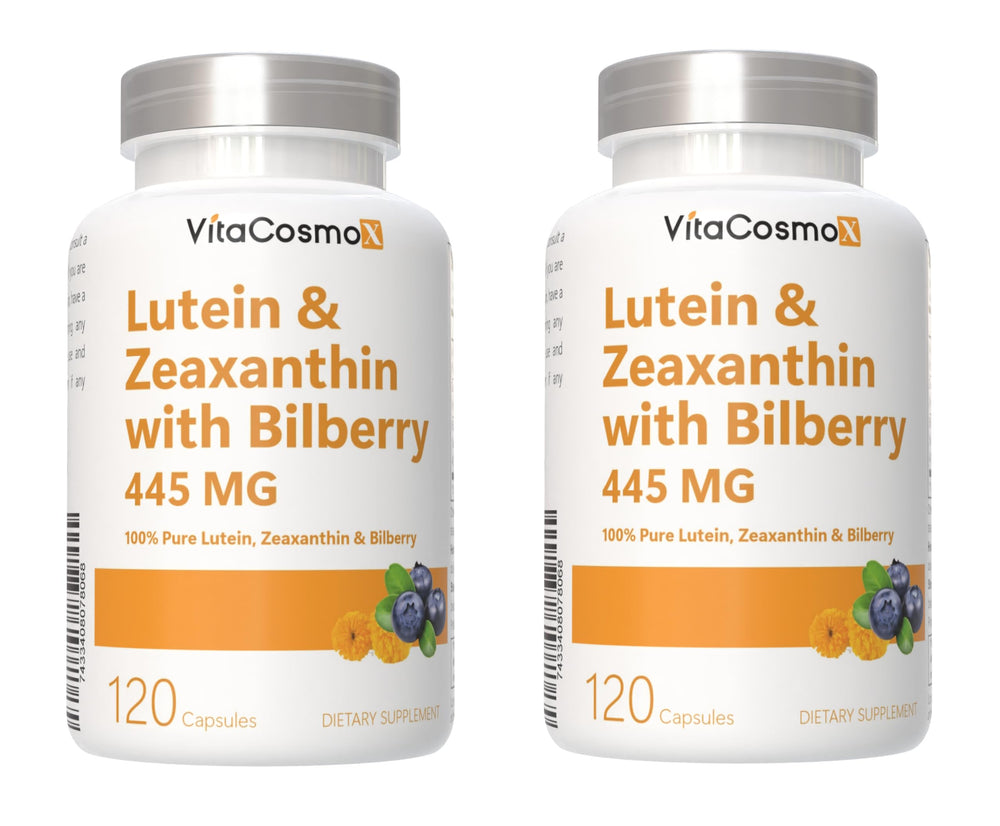 VitaCosmoX bottle front showing the lutein-zeaxanthin blend for eye support