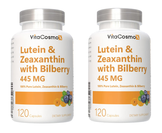 VitaCosmoX bottle front showing the lutein-zeaxanthin blend for eye support