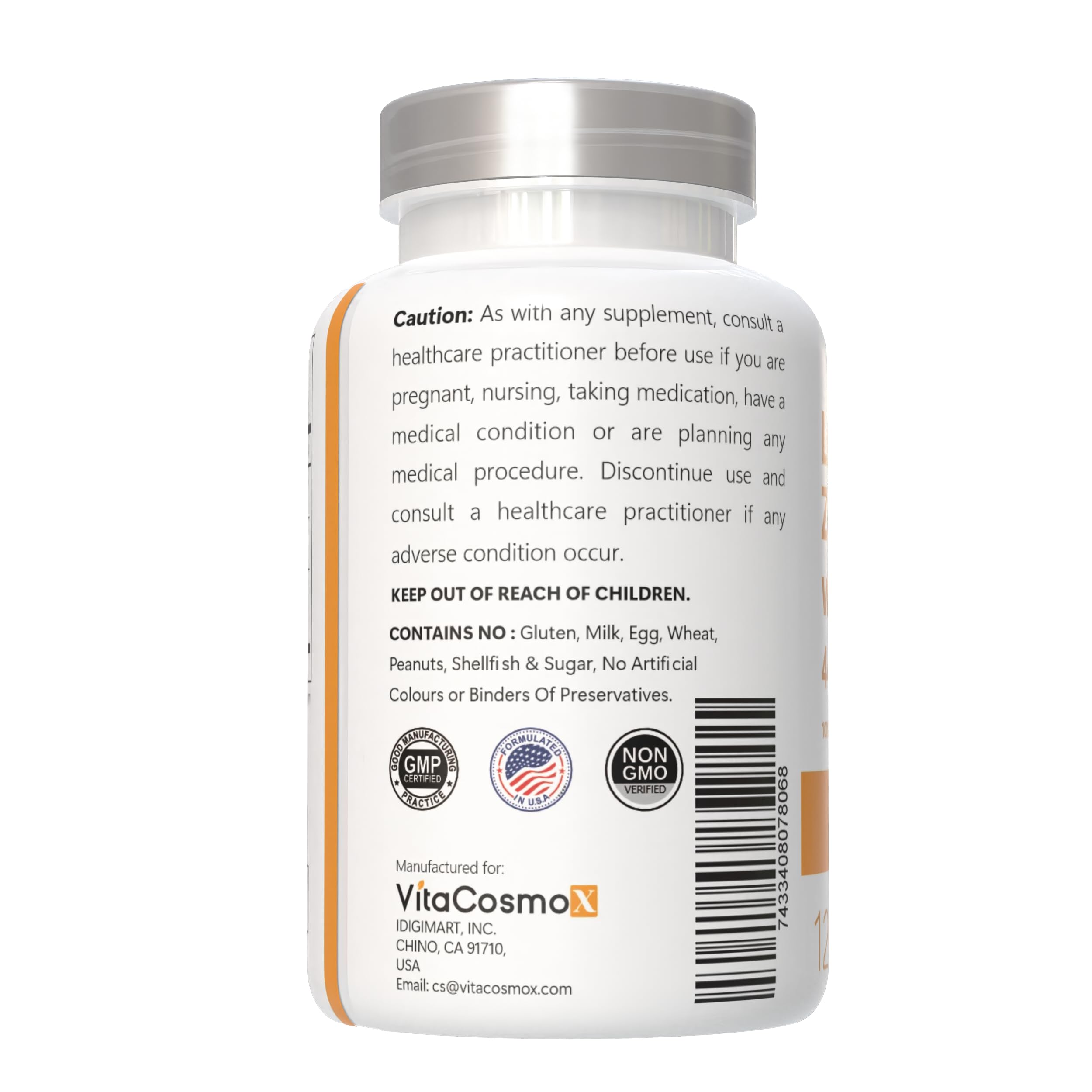 GMP-certified USA facility icon on VitaCosmoX packaging