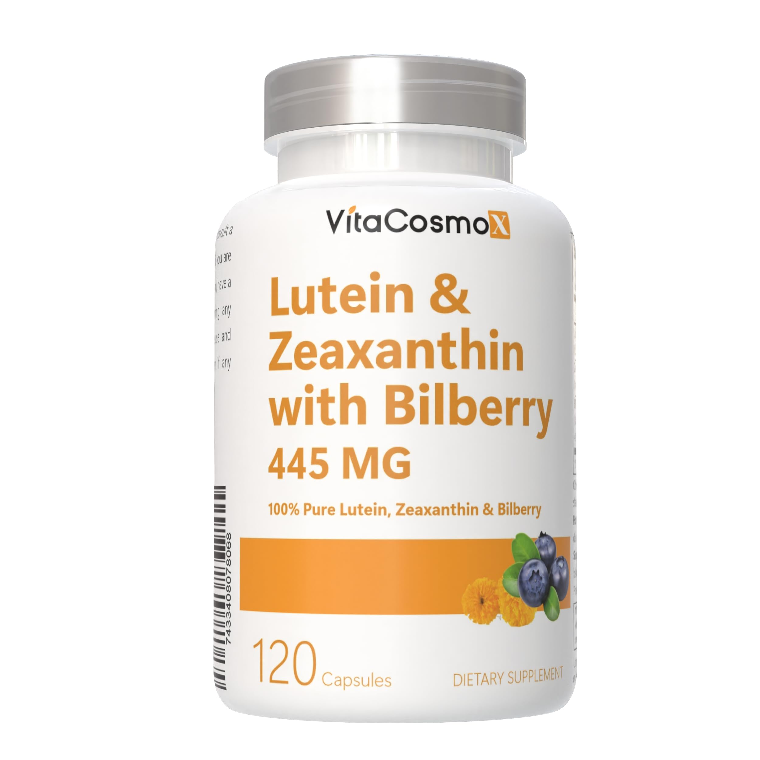 Marigold extract imagery on VitaCosmoX packaging signals natural lutein source