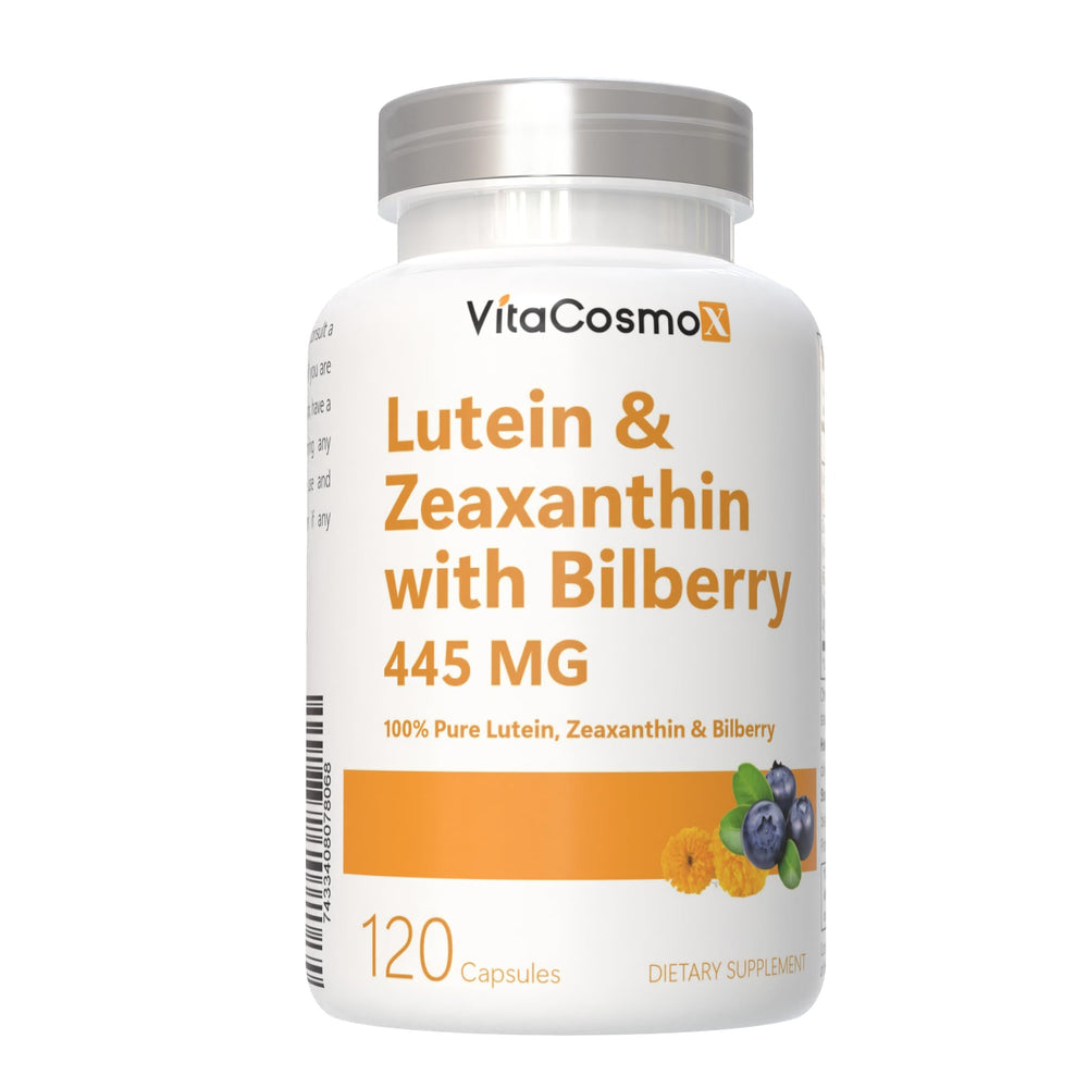 Marigold extract imagery on VitaCosmoX packaging signals natural lutein source