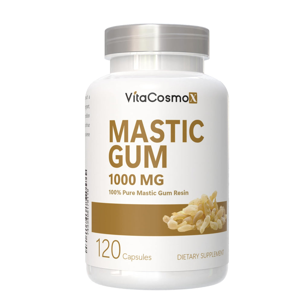 VitaCosmoX Mastic Gum Capsules 1000 mg close-up, high-dose daily.
