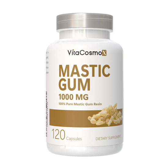 VitaCosmoX Mastic Gum Capsules 1000 mg close-up, high-dose daily.