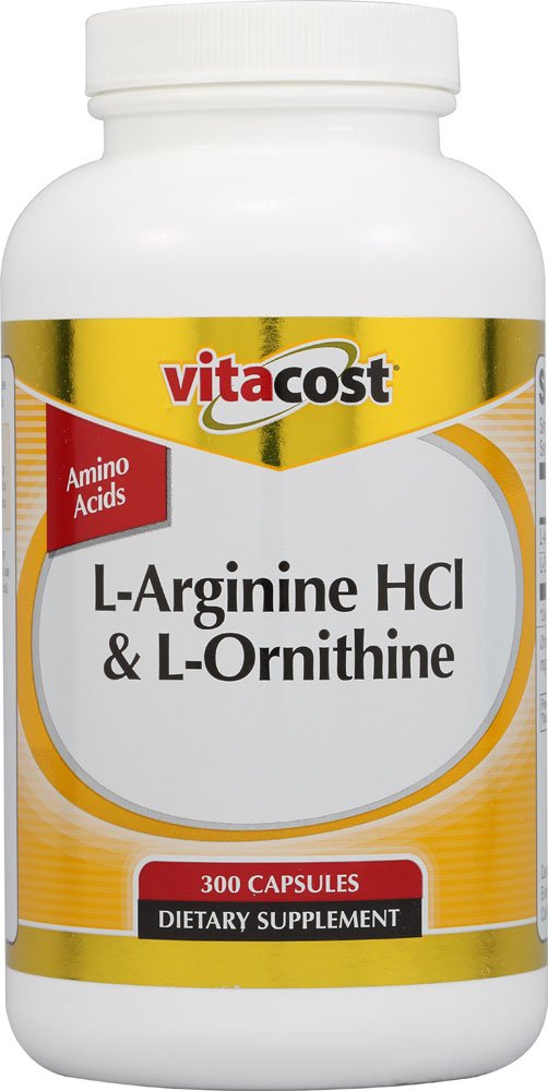 Vitacost L-Arginine HCl & L-Ornithine bottle for daily amino acid support.