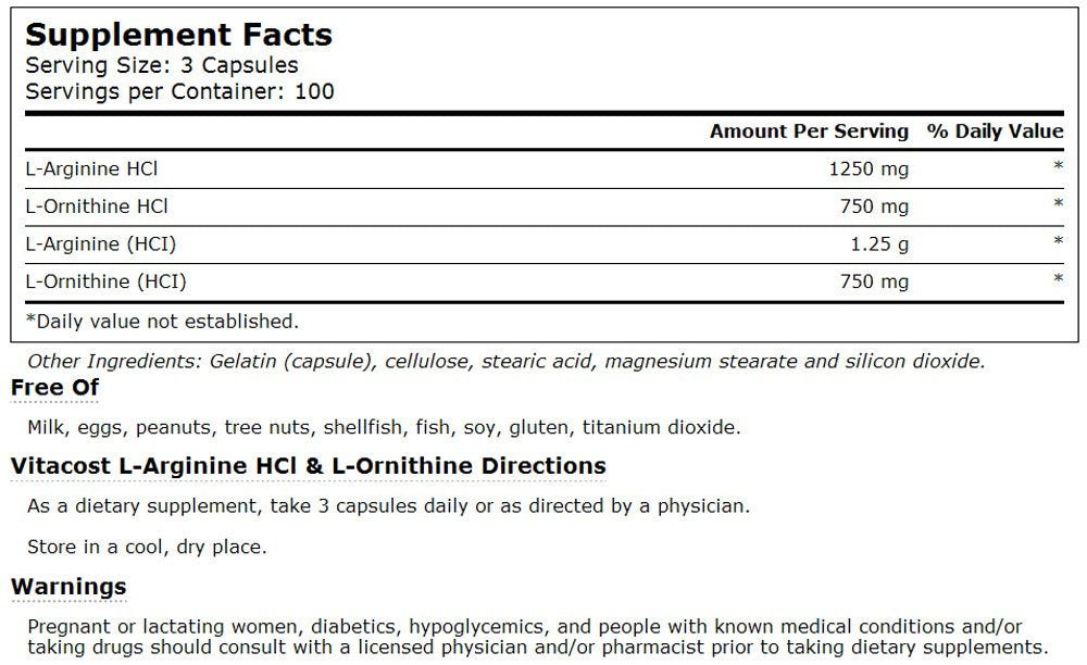 Vitacost L-Arginine HCl & L-Ornithine capsules closeup, convenient daily amino acid supplement.