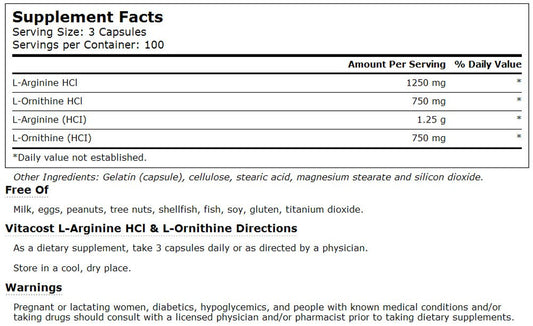 Vitacost L-Arginine HCl & L-Ornithine capsules closeup, convenient daily amino acid supplement.