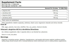 Vitacost L-Arginine HCl & L-Ornithine capsules closeup, convenient daily amino acid supplement.