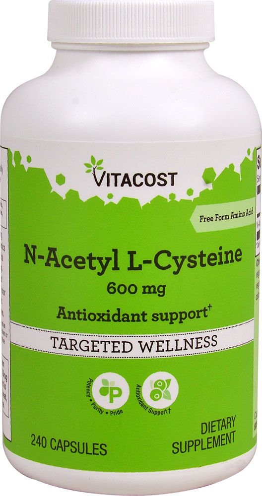 Vitacost NAC 600 mg bottle with capsules supports antioxidant activity