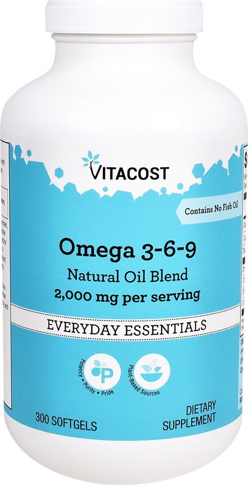 Vitacost Omega 3-6-9 bottle view shows a plant-based, fish-free omega blend for heart health and joints