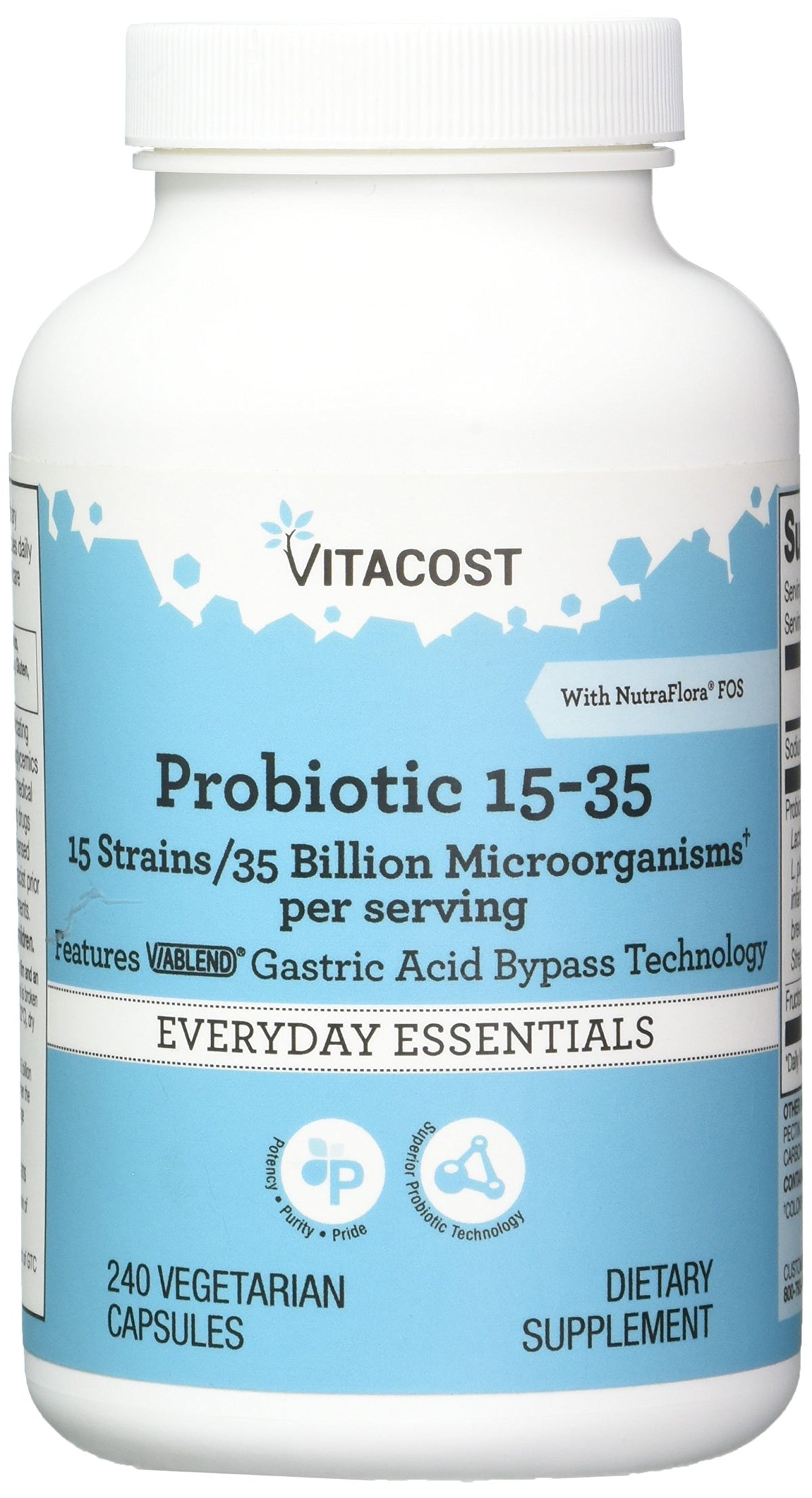 Vitacost Probiotic 15-35 bottle label highlights 15 strains and 35B CFUs for gut support.