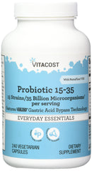 Vitacost Probiotic 15-35 bottle label highlights 15 strains and 35B CFUs for gut support.