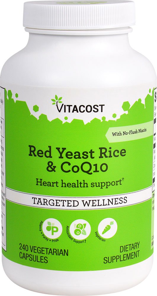 Vitacost Red Yeast Rice & CoQ10 bottle showing no-flush niacin formulation for heart support