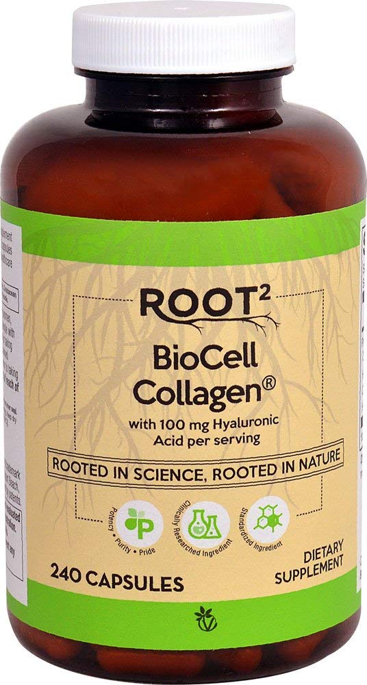Vitacost ROOT2 BioCell Collagen bottle label highlighting joint support ingredients.