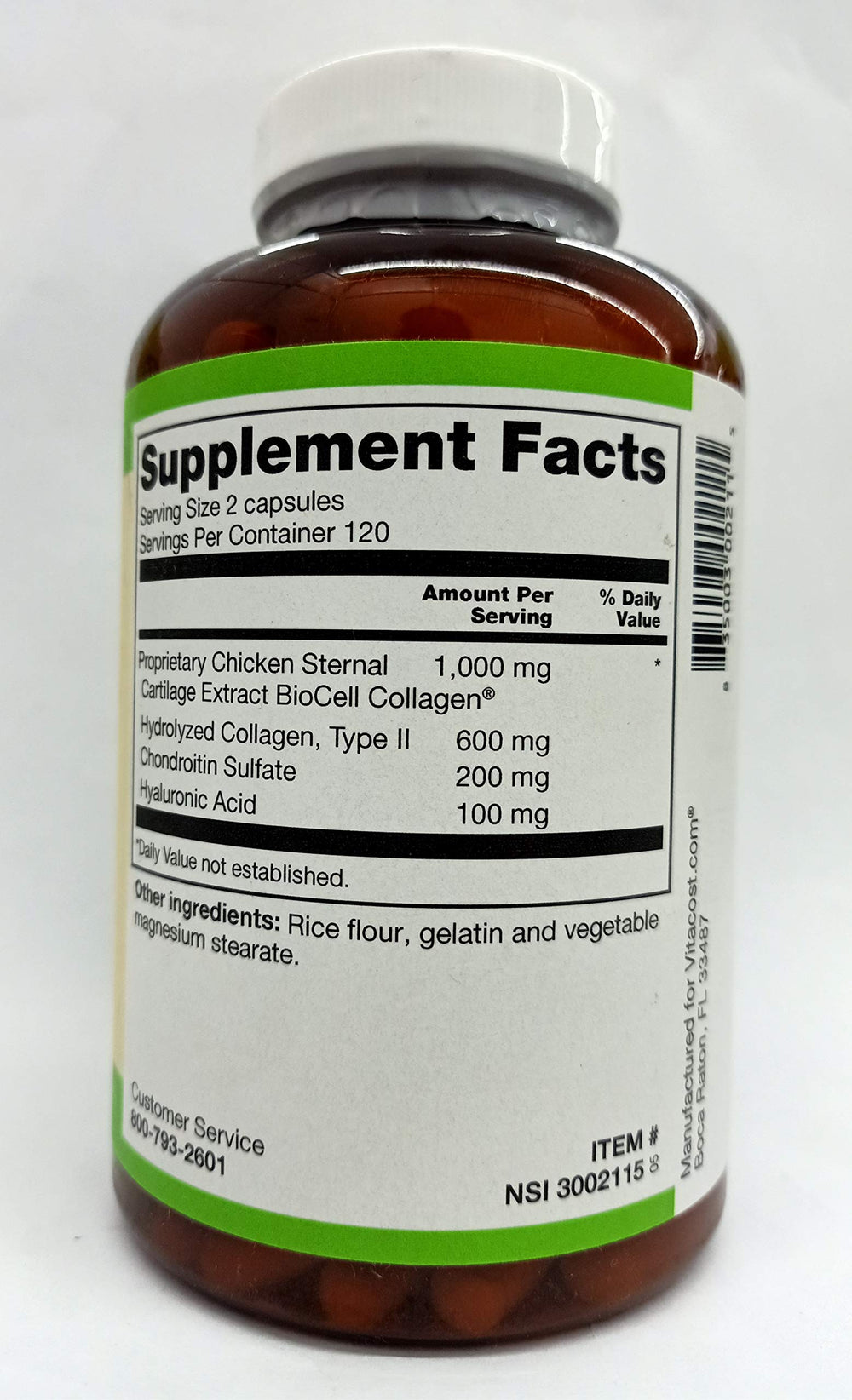 Vitacost ROOT2 BioCell Collagen capsules closeup emphasizing type II collagen.