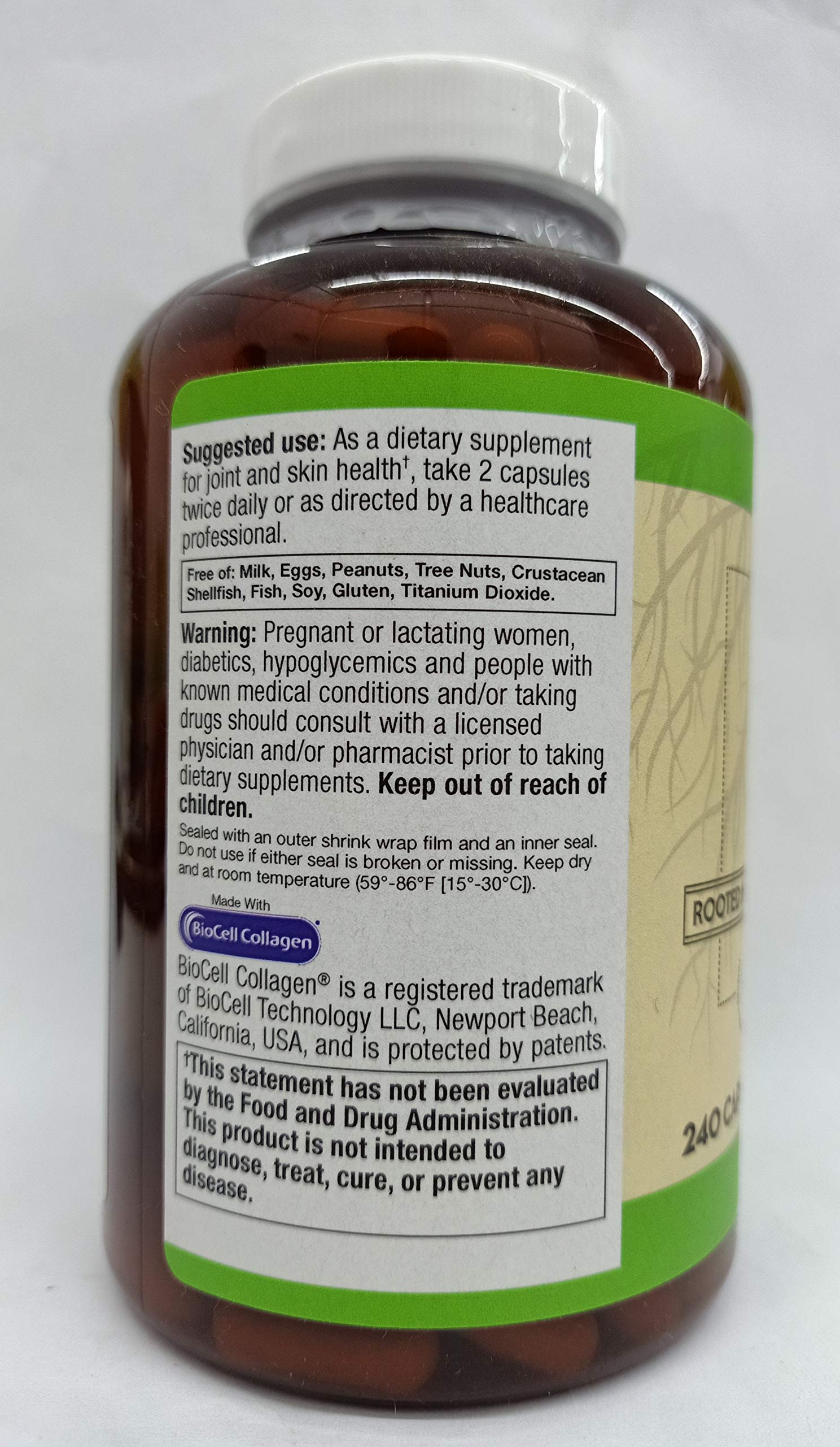 Vitacost ROOT2 BioCell Collagen ingredients panel showing Hyaluronic Acid inclusion.