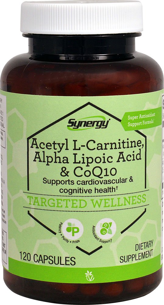 Vitacost Synergy Acetyl L-Carnitine bottle pour shows easy-to-swallow capsules for daily energy support.