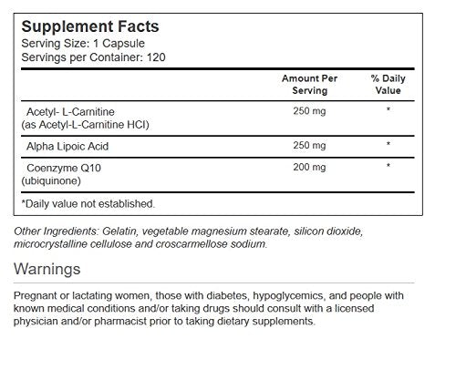 Vitacost Synergy CoQ10 Alpha Lipoic Acid close up of label highlighting antioxidant blend for heart and brain health.