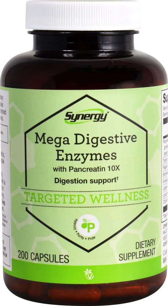 Vitacost Synergy Mega Digestive Enzymes bottle supports meal digestion.