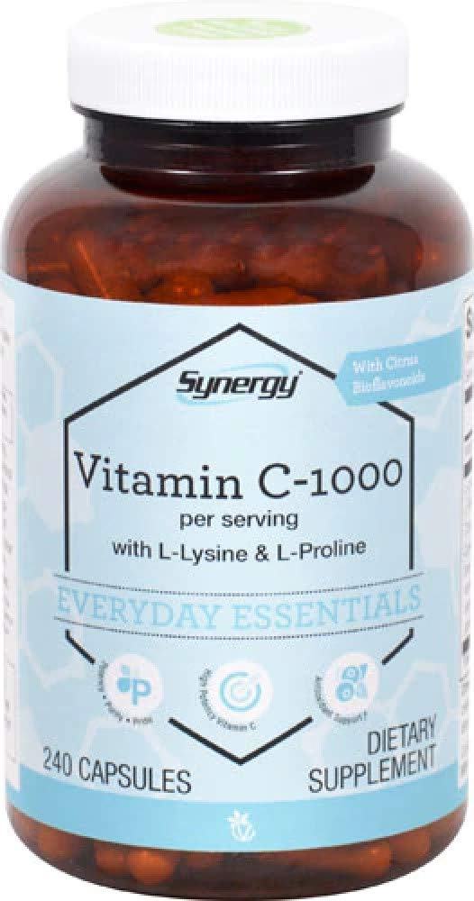 Vitacost Synergy Vitamin C-1000 bottle shown for daily antioxidant support and collagen formation.