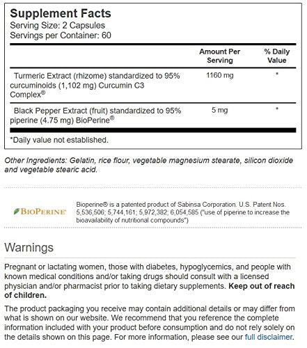 Vitacost Turmeric Extract Curcumin C3 Complex label highlights 95% curcuminoids