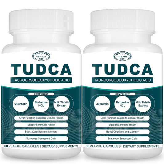 Vitacrllynmn Tudca bottle with label highlighting liver detox support.