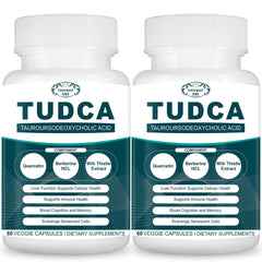 Vitacrllynmn Tudca bottle with label highlighting liver detox support.