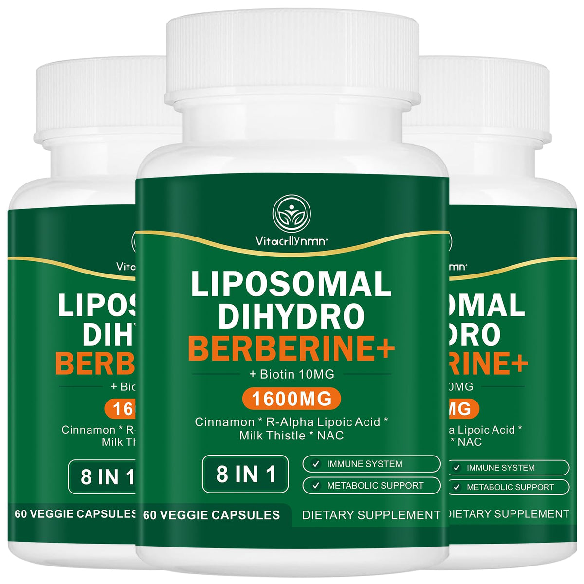 VITACRLLYNMN Dihydroberberine bottle showcases potential metabolic support