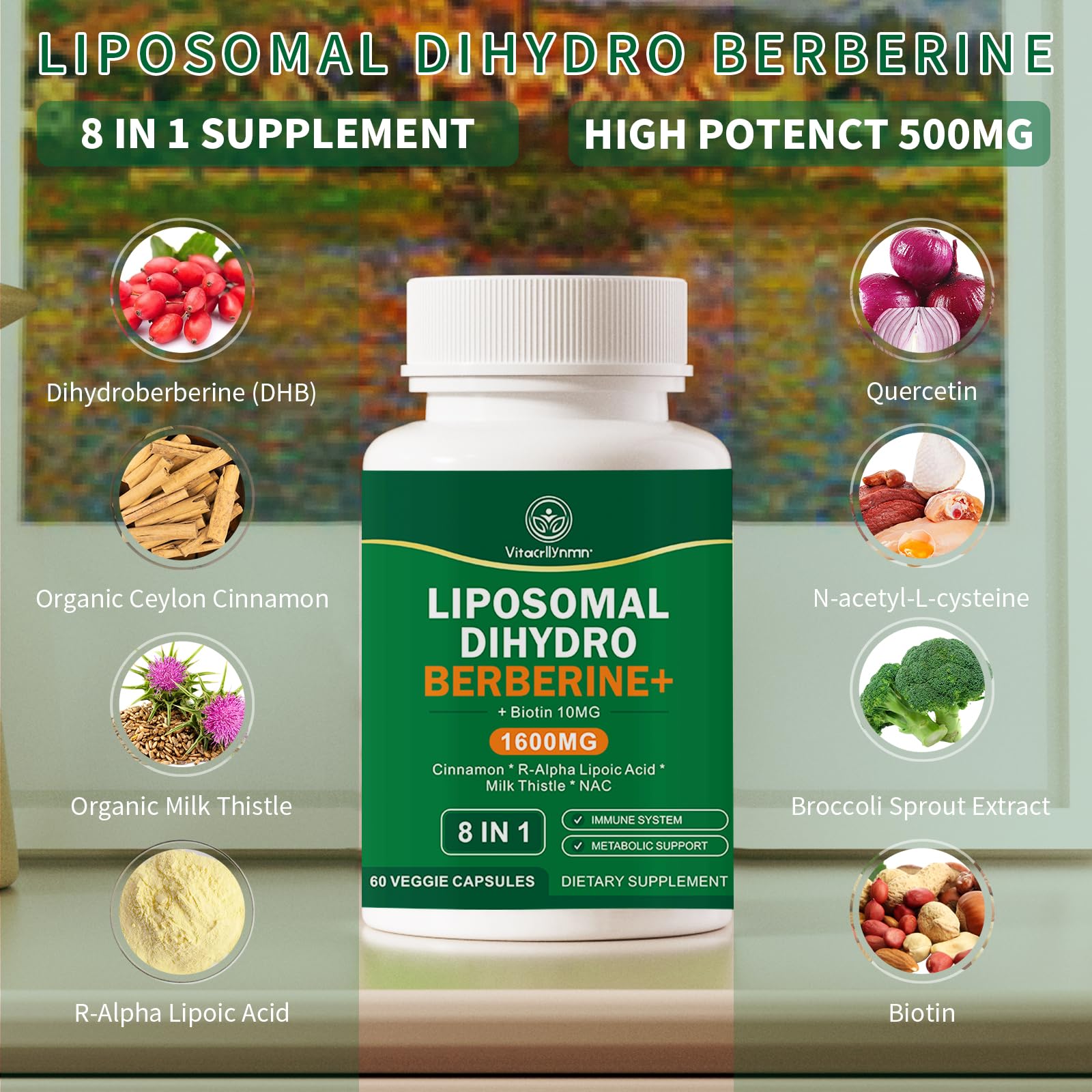 VITACRLLYNMN Dihydroberberine capsules with cinnamon motif indicate a harmonious formula