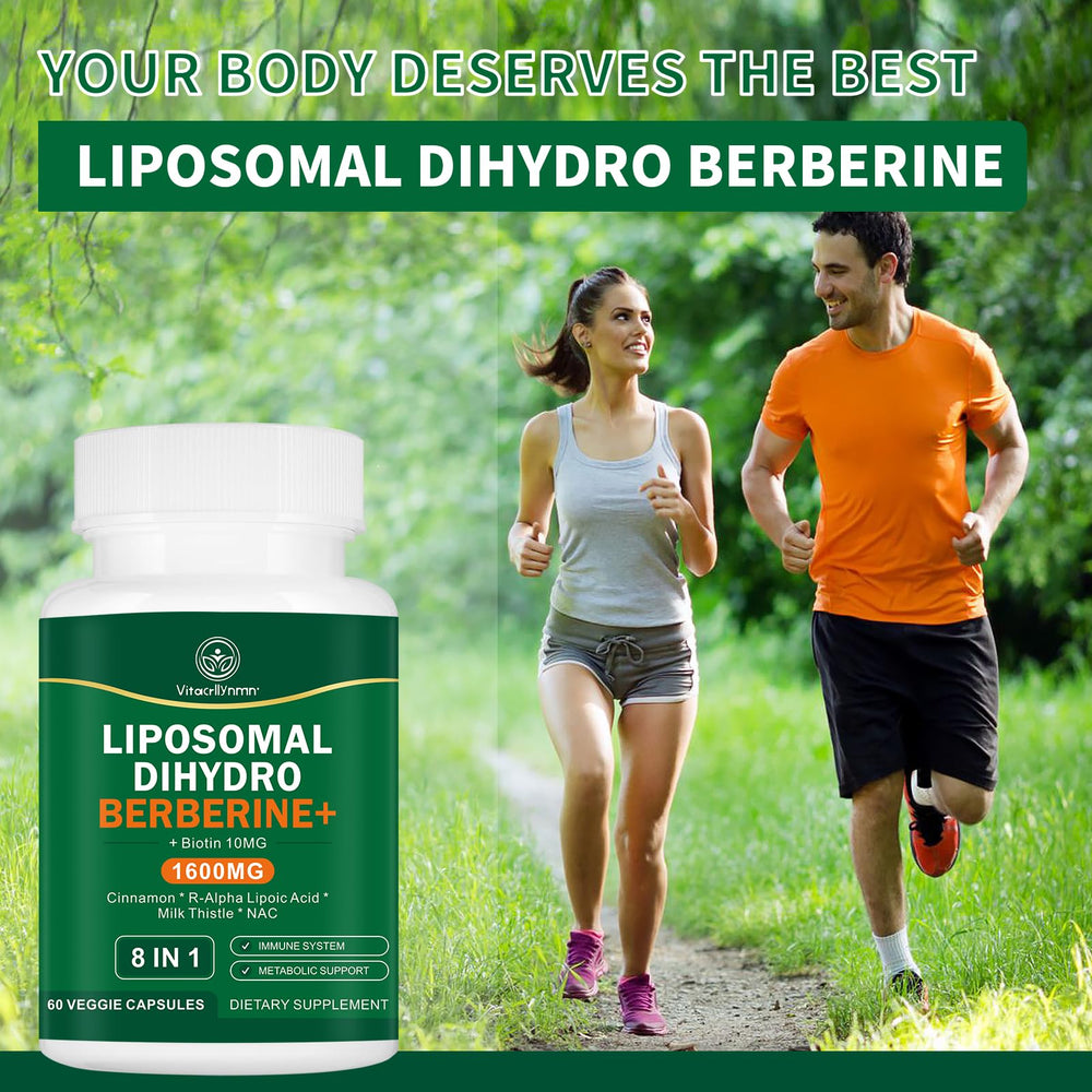 VITACRLLYNMN Dihydroberberine bottle beside energy-focused infographic suggests everyday metabolic support