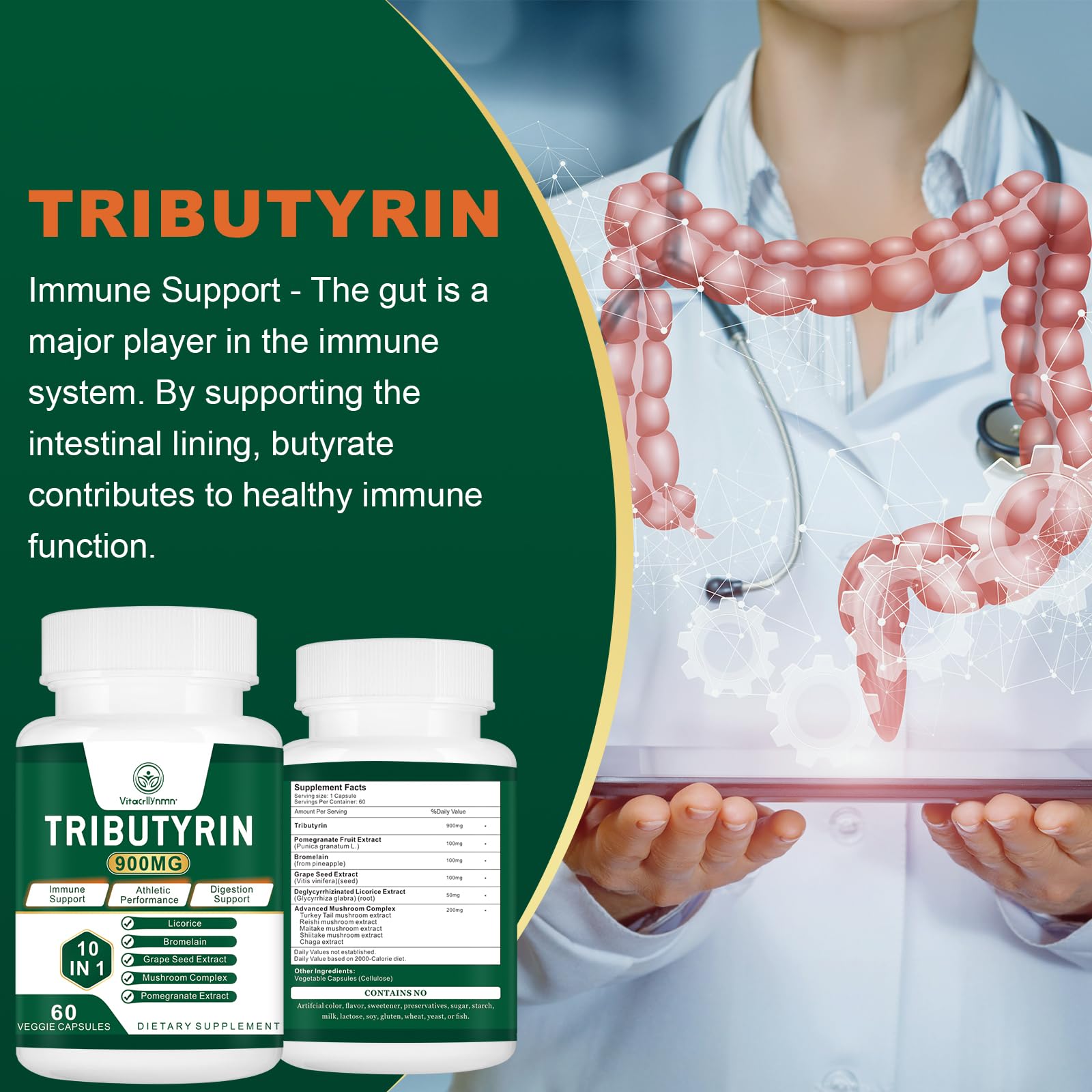 Illustration of the 11-in-1 formula for comprehensive gut health support.