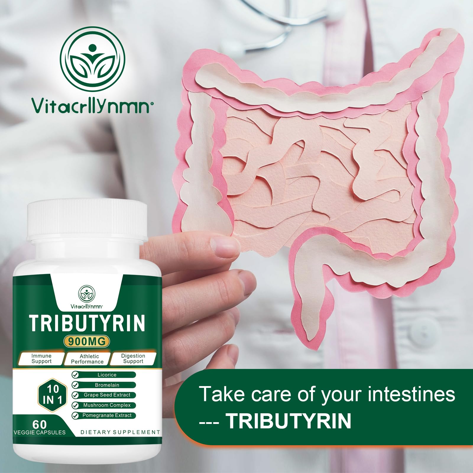 Product image promoting natural gut support with VITACRLLYNMN.