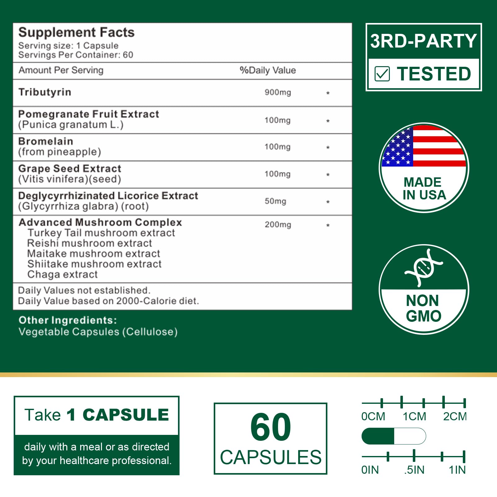 VITACRLLYNMN capsules close-up showing 900mg Tributyrin per serving.