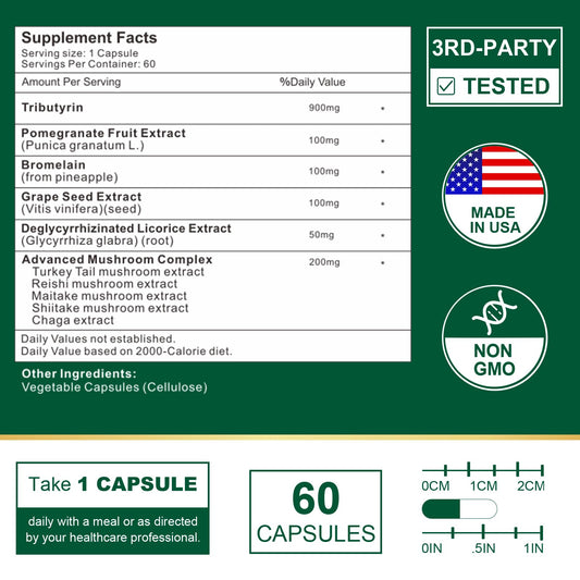 VITACRLLYNMN capsules close-up showing 900mg Tributyrin per serving.