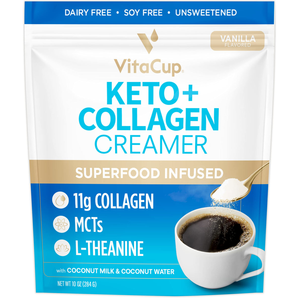 VitaCup Keto + Collagen Creamer vanilla bottle highlights dairy-free keto indulgence for coffee