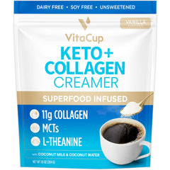 VitaCup Keto + Collagen Creamer vanilla bottle highlights dairy-free keto indulgence for coffee