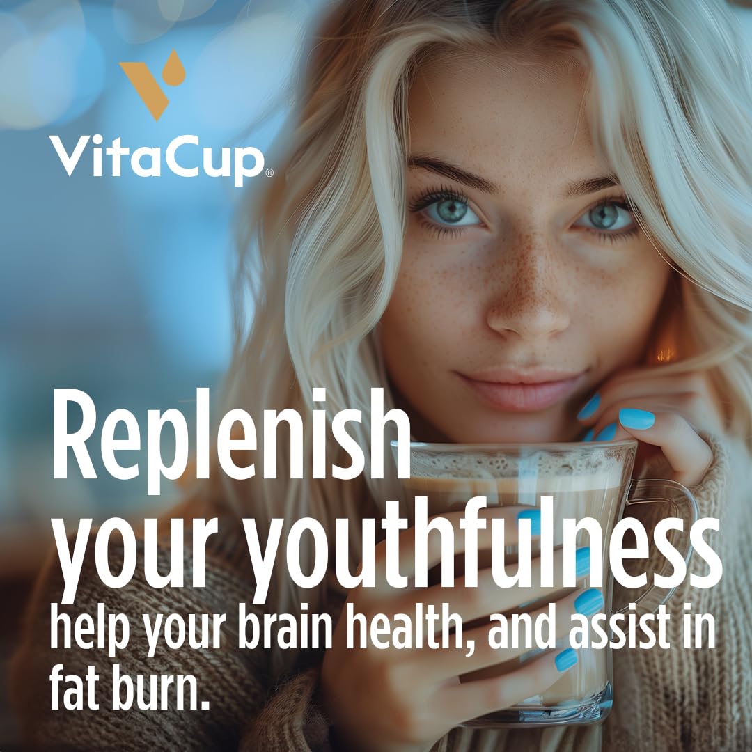 VitaCup Keto + Collagen Creamer vanilla coffee mug shows smooth flavor and energy-friendly use