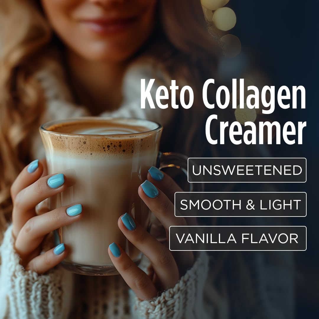 VitaCup Keto + Collagen Creamer vanilla smoothie image suggests versatile shakes and oats