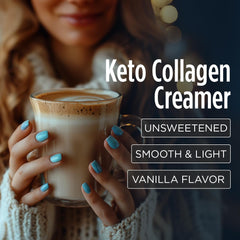 VitaCup Keto + Collagen Creamer vanilla smoothie image suggests versatile shakes and oats